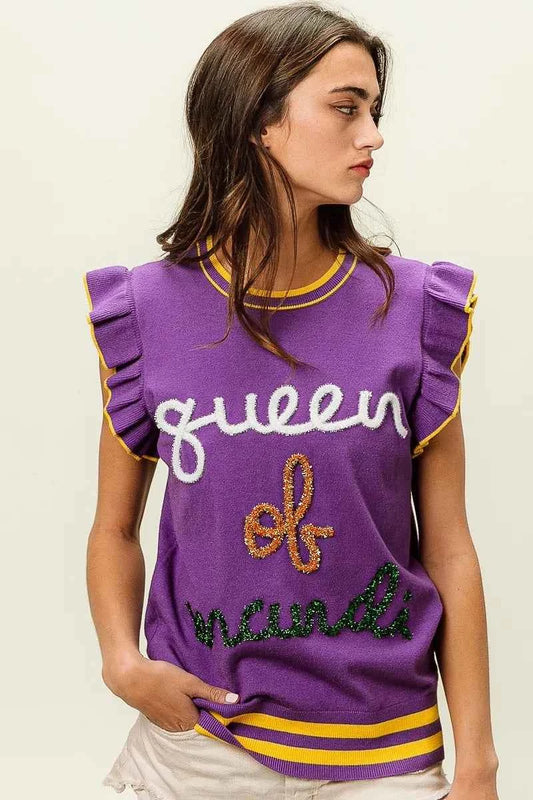 BiBi Queen Of Mardi Ruffled Armhole Sleeveless Knit Top