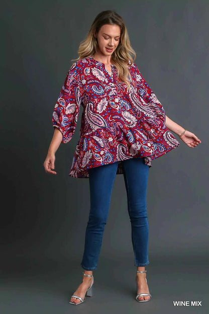 Umgee Mix Paisley Boho Tunic Blouse