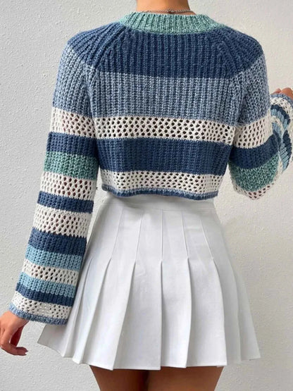 Openwork Striped Color Block Crop Sweater