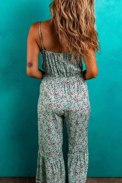 Bohemian Floral Ruffle Bottom Spaghetti Strap Jumpsuit