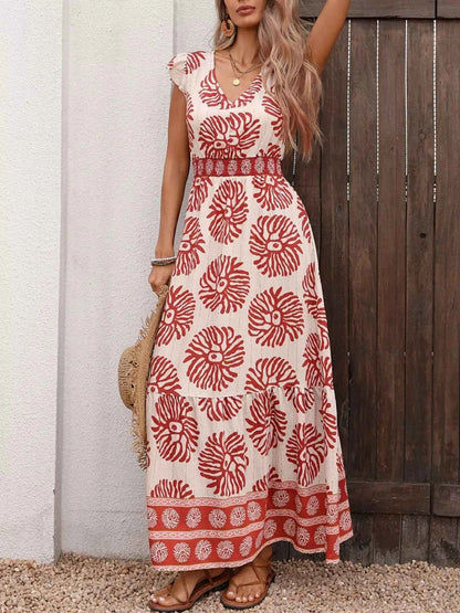 Printed V-Neck Cap Sleeve Dress