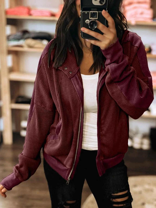 Waffle Zip Up Hooded Jacket with Pockets