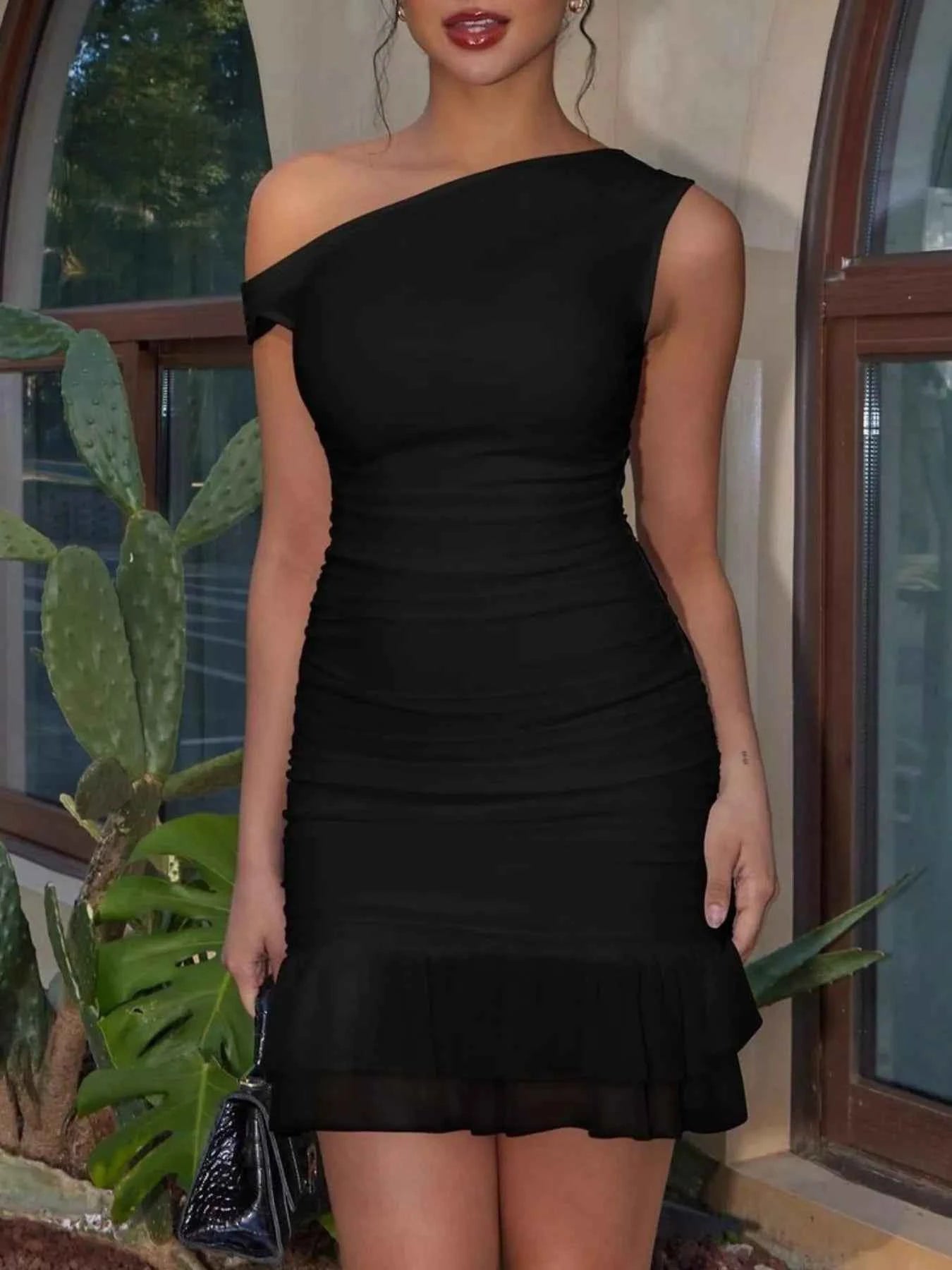 Ruffled Single Shoulder Mini Dress