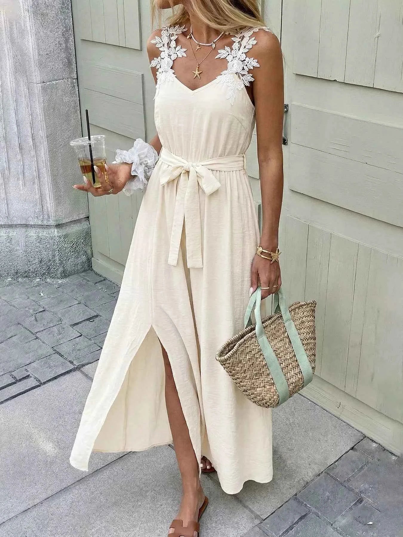 Lace Trimmed Slit Maxi Dress