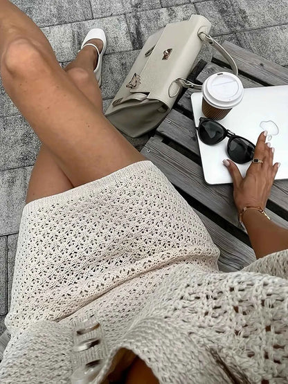 Openwork Button Up Top and Skirt Sweater Set