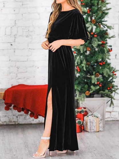 Slit Round Neck Flutter Sleeve Velvet Maxi Dress