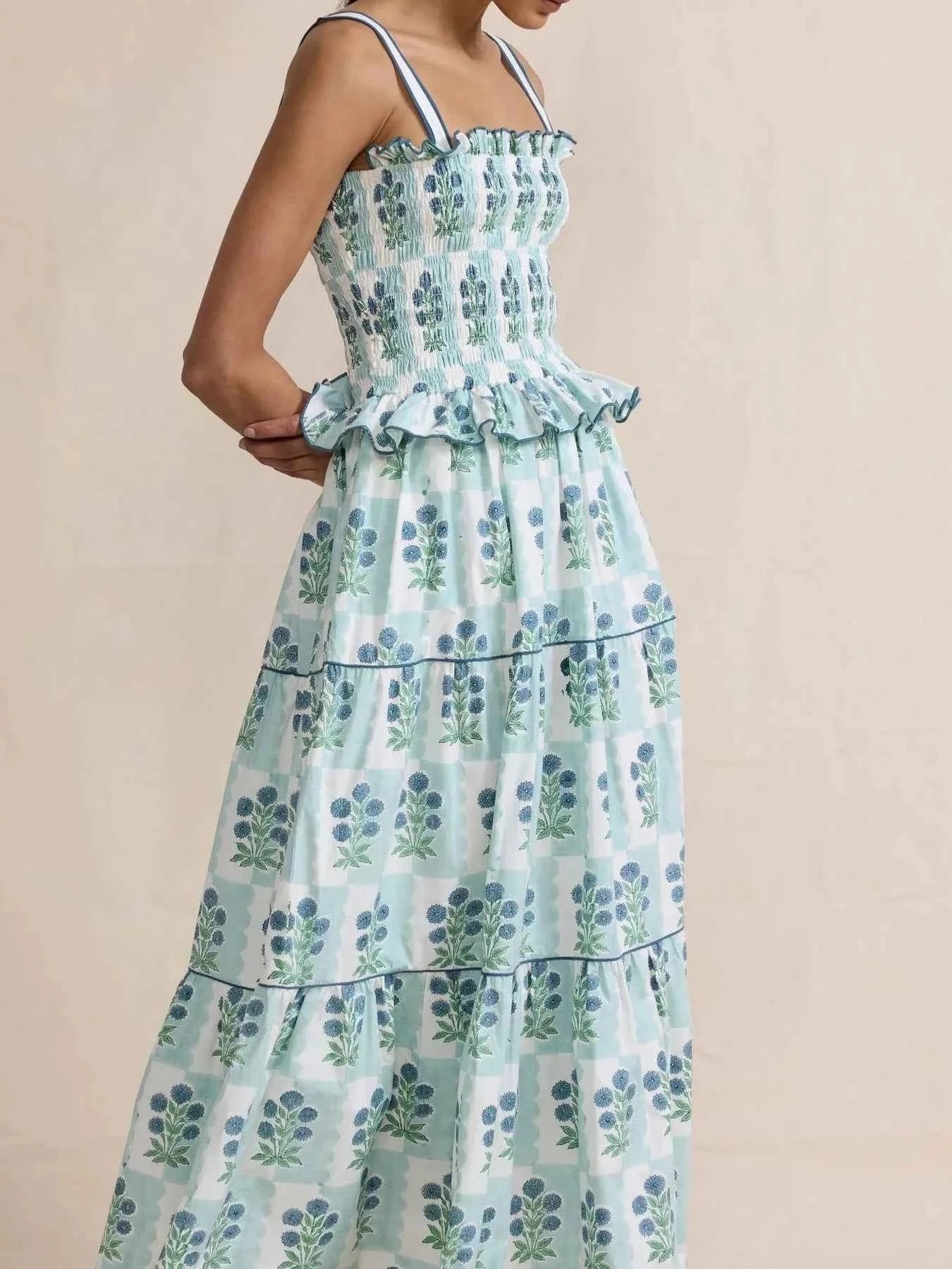 Bohemian Floral Print Smocked Tiered Maxi Dress
