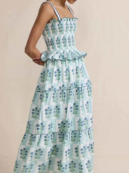 Bohemian Floral Print Smocked Tiered Maxi Dress