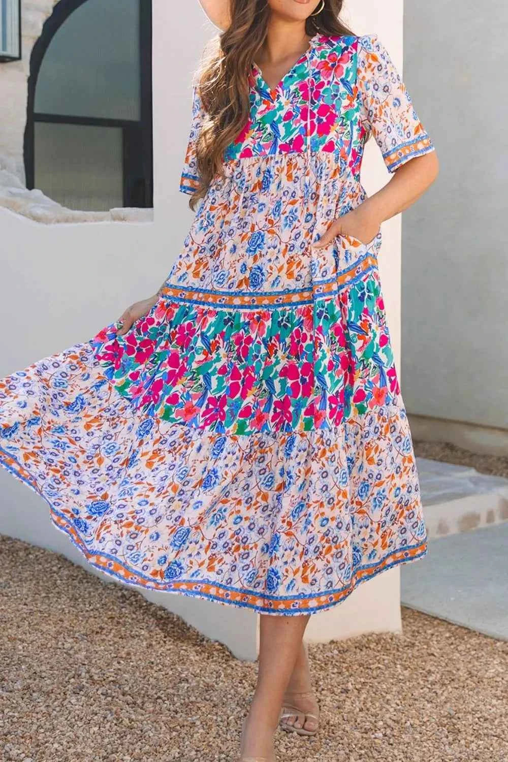 Mixed Floral Print Tie Neck Short Sleeve Dress