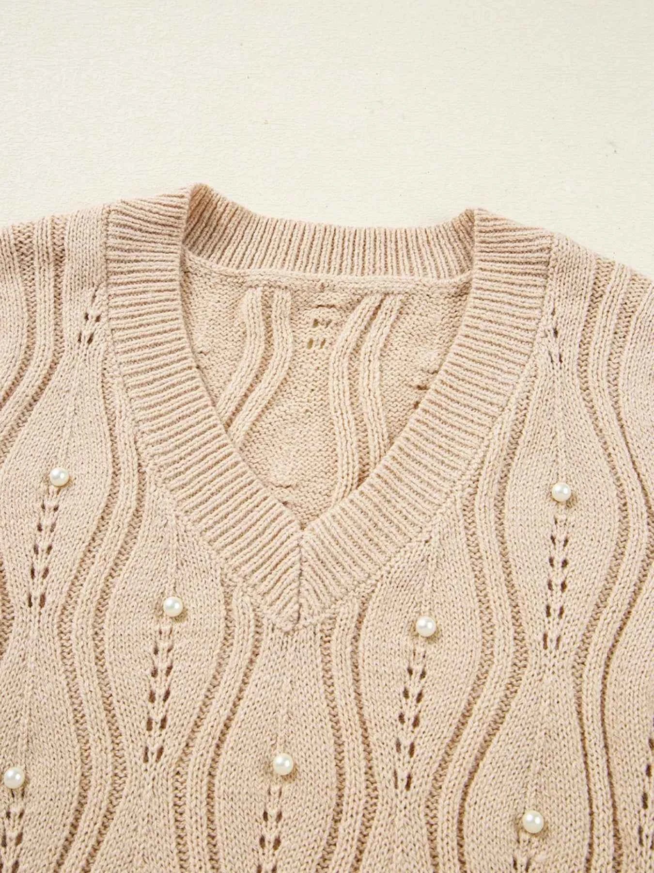 Pearl-Embellished V-Neck Pullover Sweater