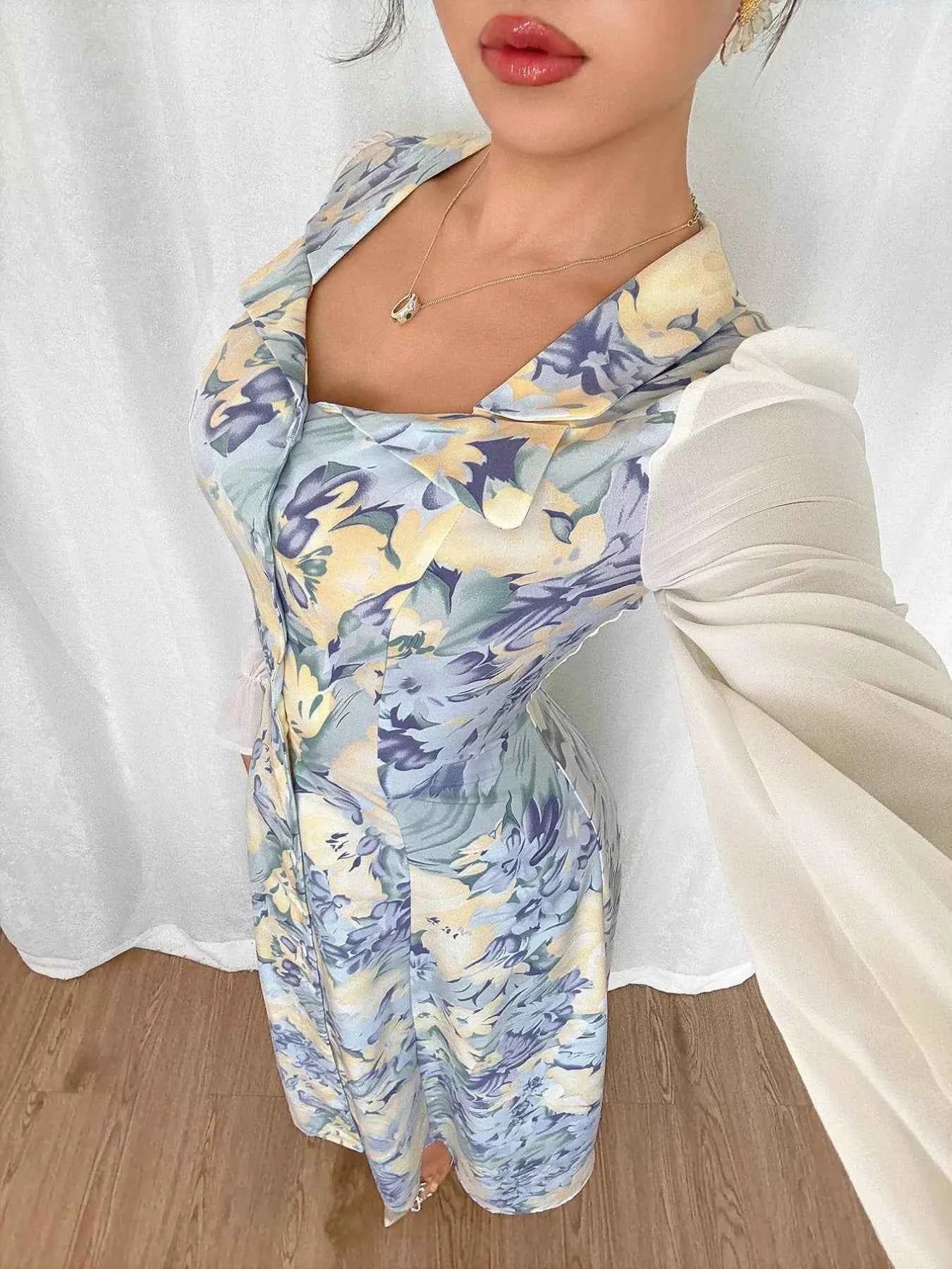 Floral Print Sheer Flounce Sleeves Dress