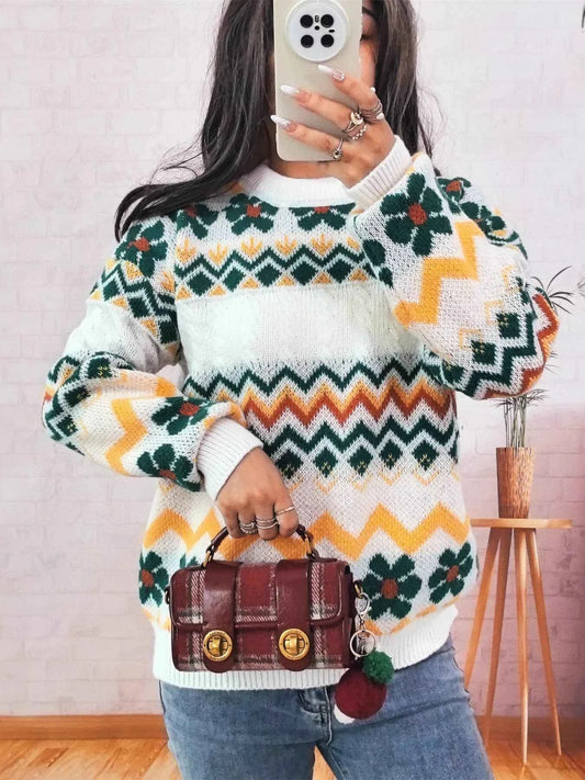 Geometric Round Neck Long Sleeve Sweater