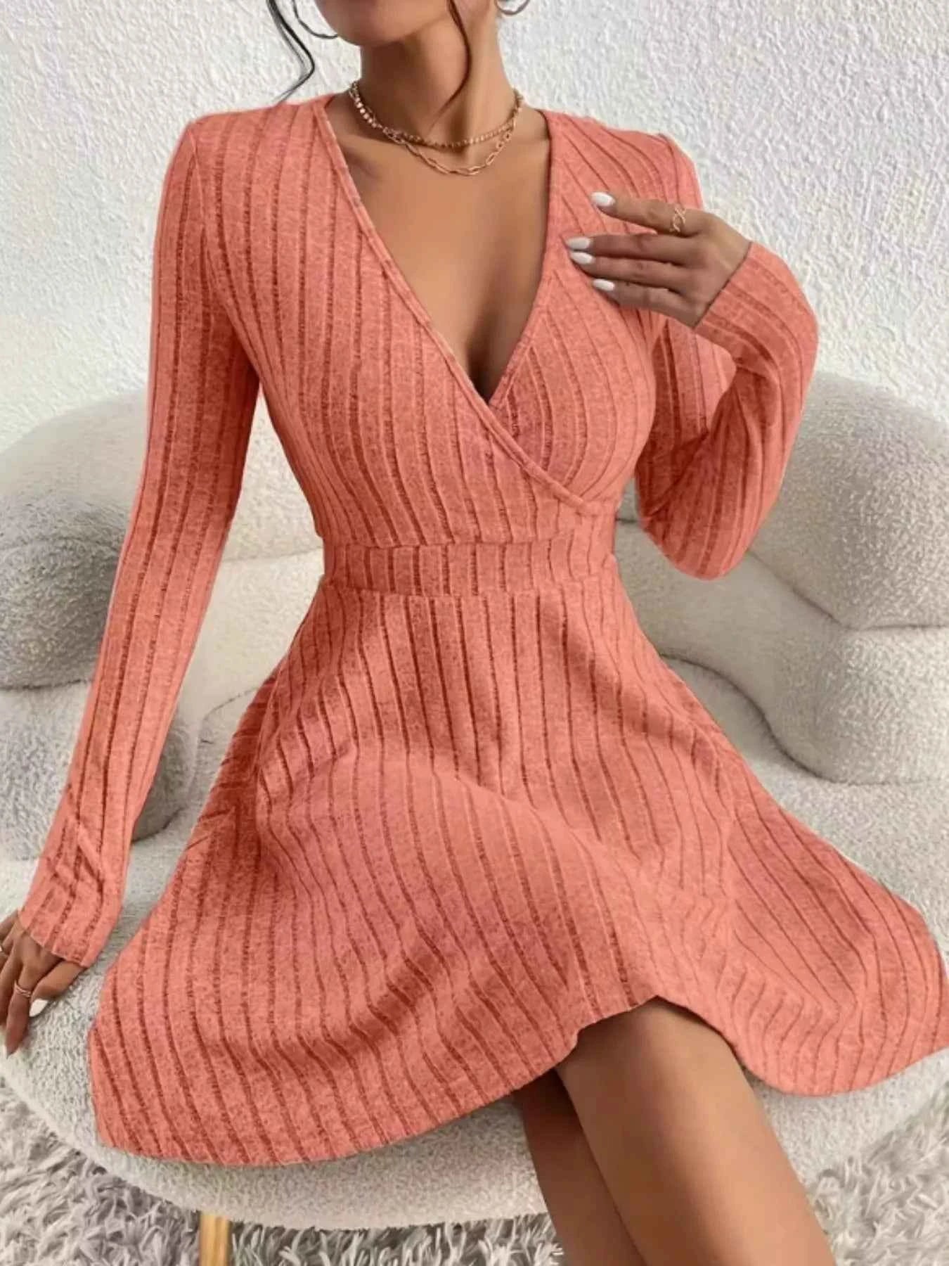 Ribbed Knit Wrap Mini Dress