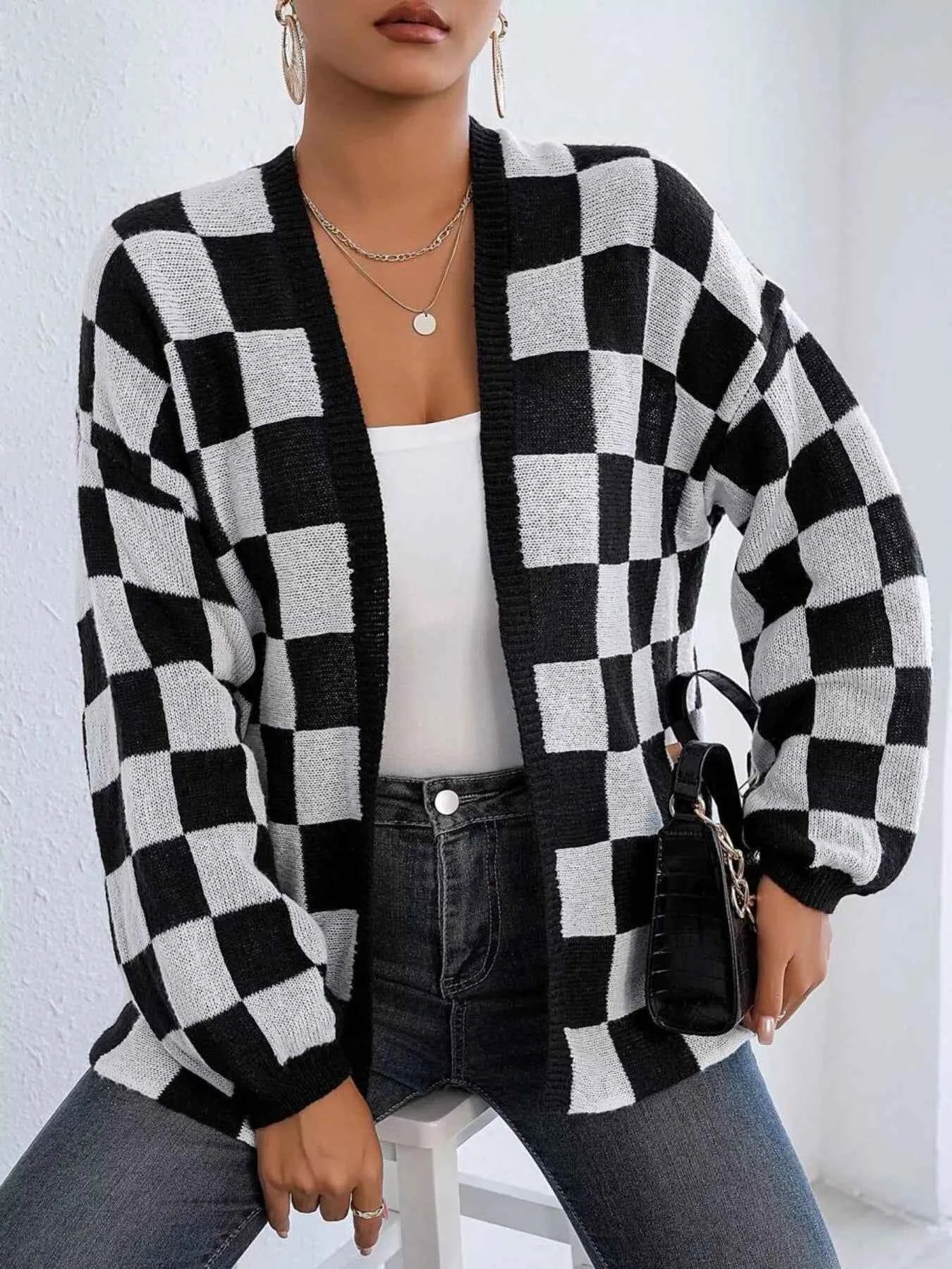 Checkerboard Pattern Open Front Knit Cardigan