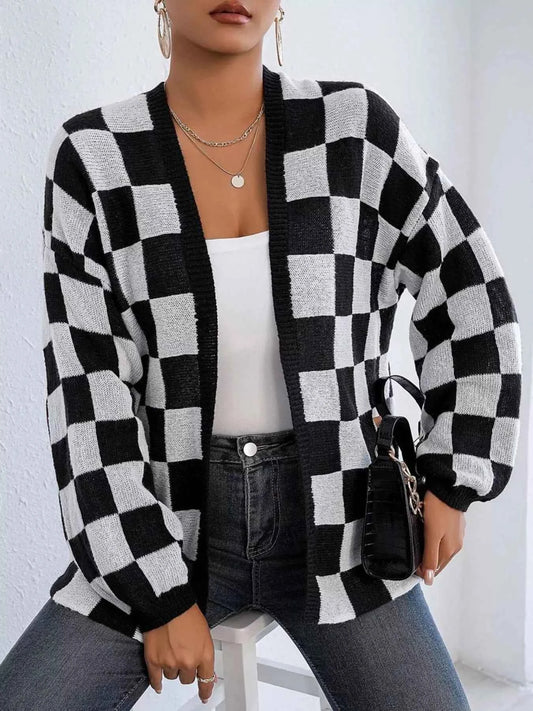 Checkerboard Pattern Open Front Knit Cardigan