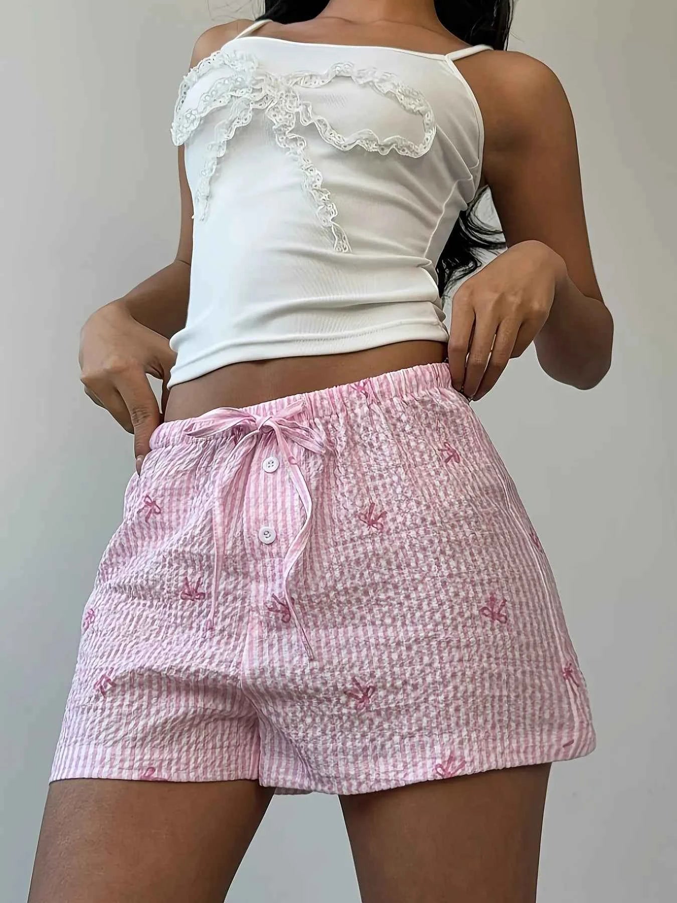 Bow Striped Drawstring Casual Shorts