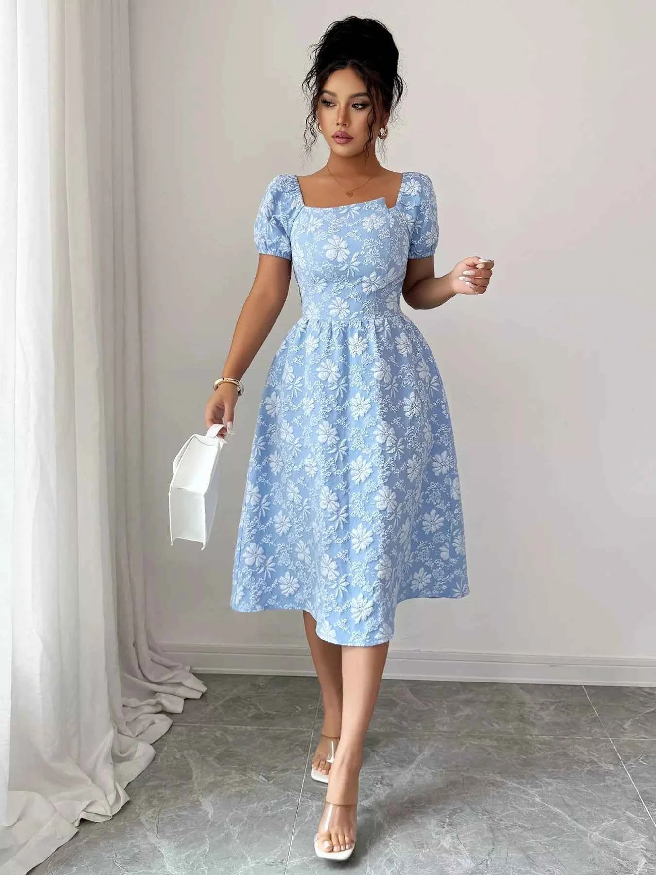 Floral Square Neck Puff Sleeve Midi Dress