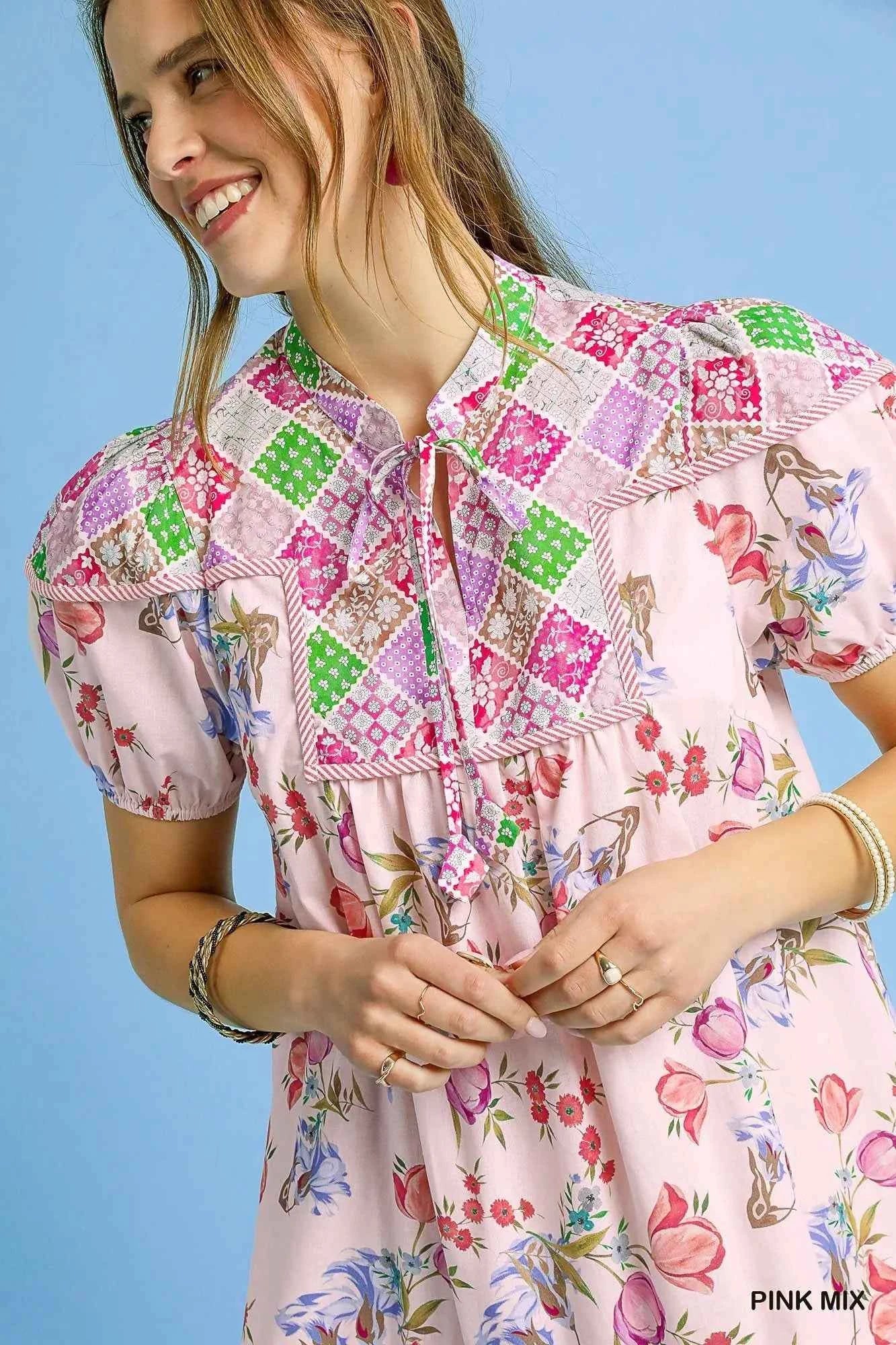 Umgee Floral Print Tie Neck Puff Sleeve Dress