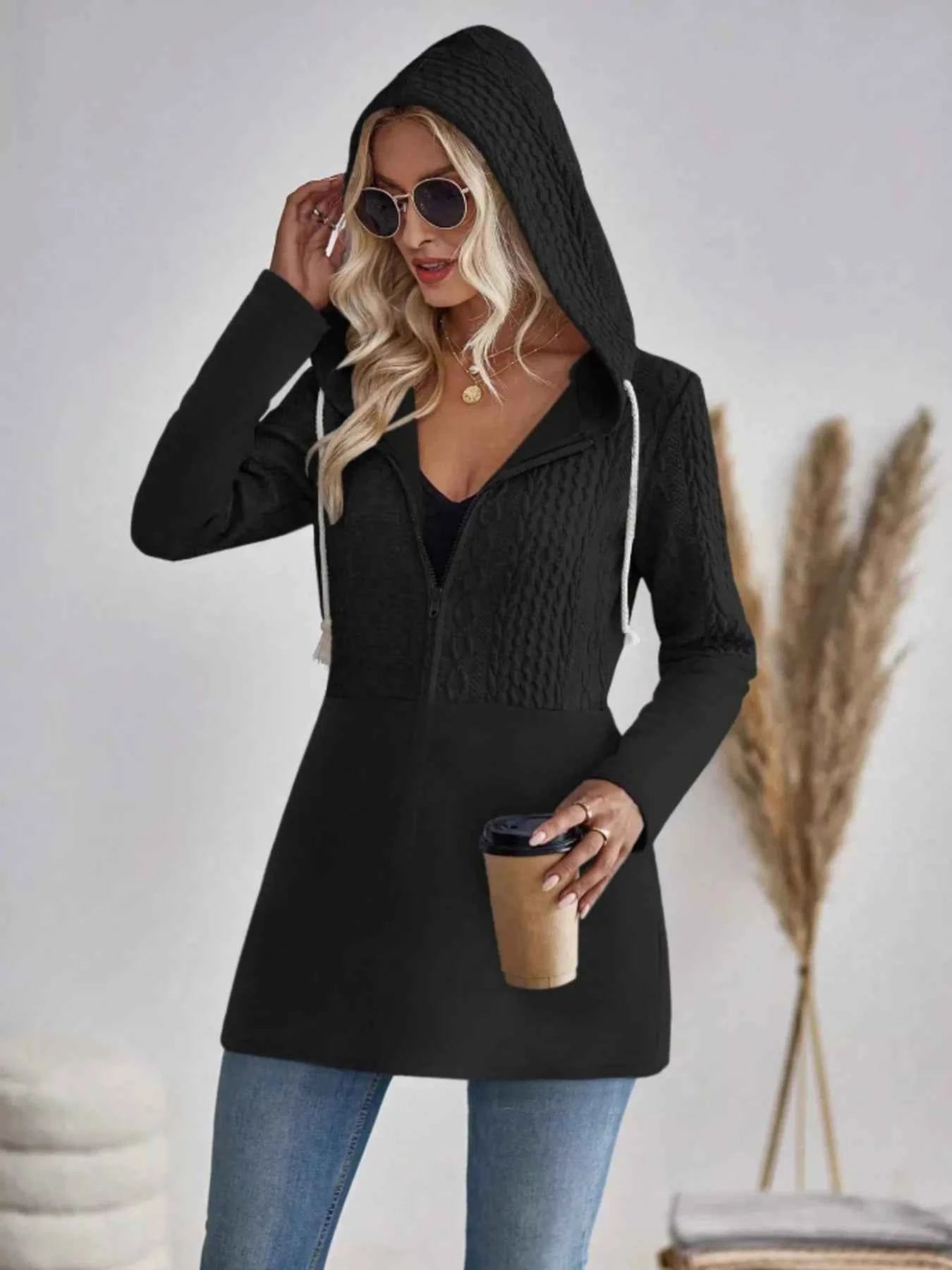 Drawstring Textured Zip Up Drawstring Hooded Jacket