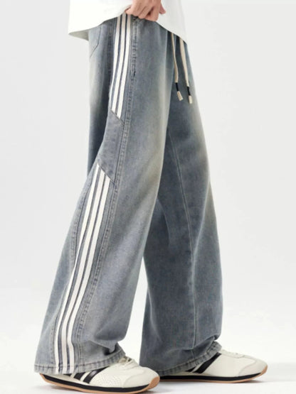 Men's Plus Size Washed Side Stripe Wide Leg Jeans