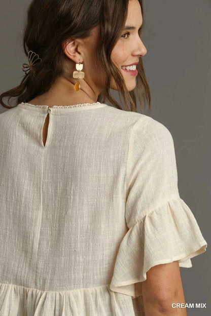 Umgee Floral Lace Trimmed Detail Half Sleeve Babydoll Top