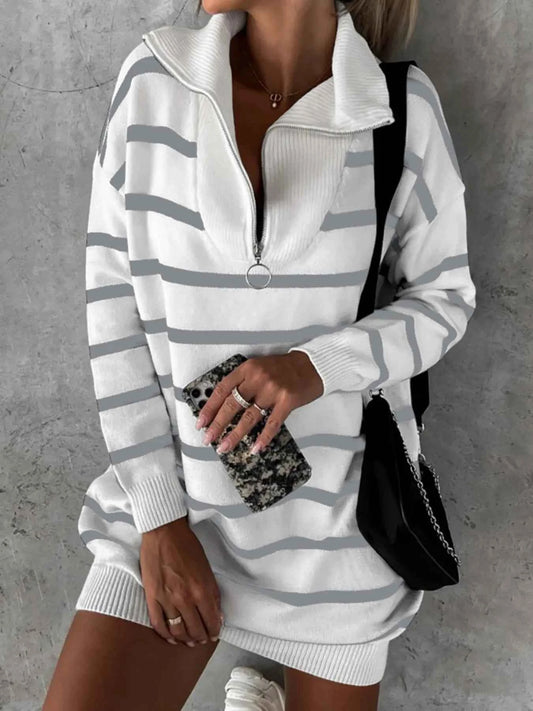 Striped O-ring Zip Collared Loose Sweater Mini Dress