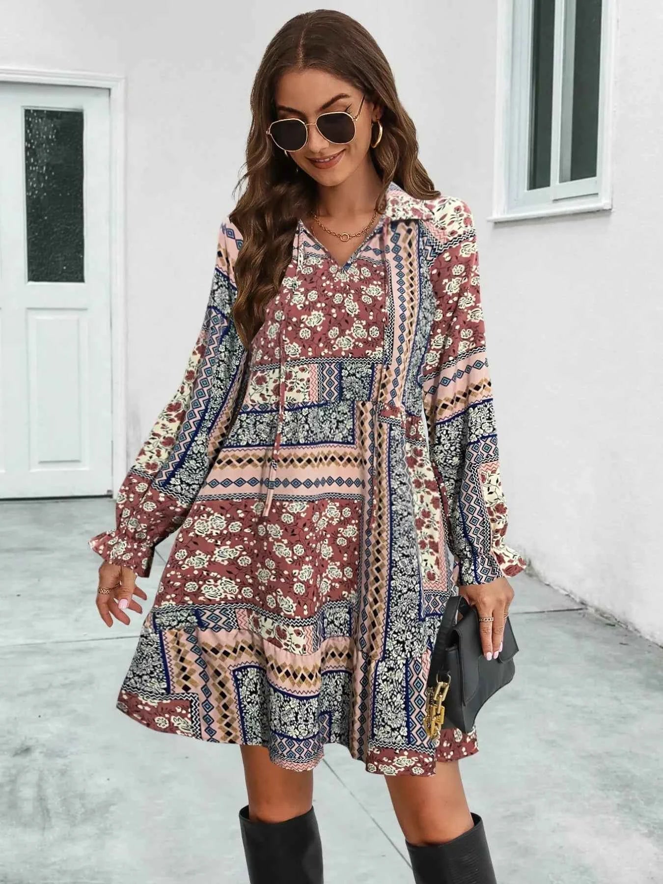 Boho Floral Print Long Sleeve Mini Dress