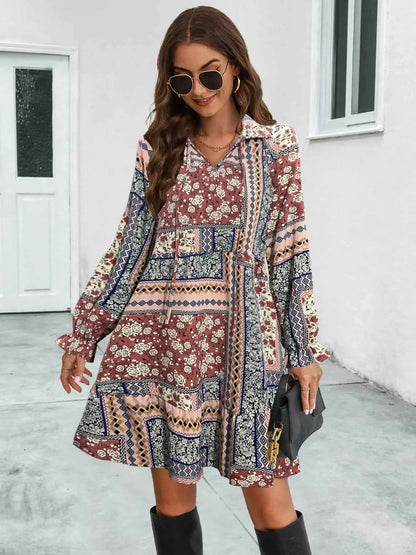 Boho Floral Print Long Sleeve Mini Dress