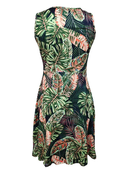 Tropical Print V-Neck Sleeveless Summer Dress