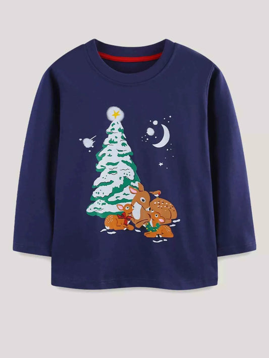 Children's Christmas Deer Graphic Long Sleeve T-Shirt