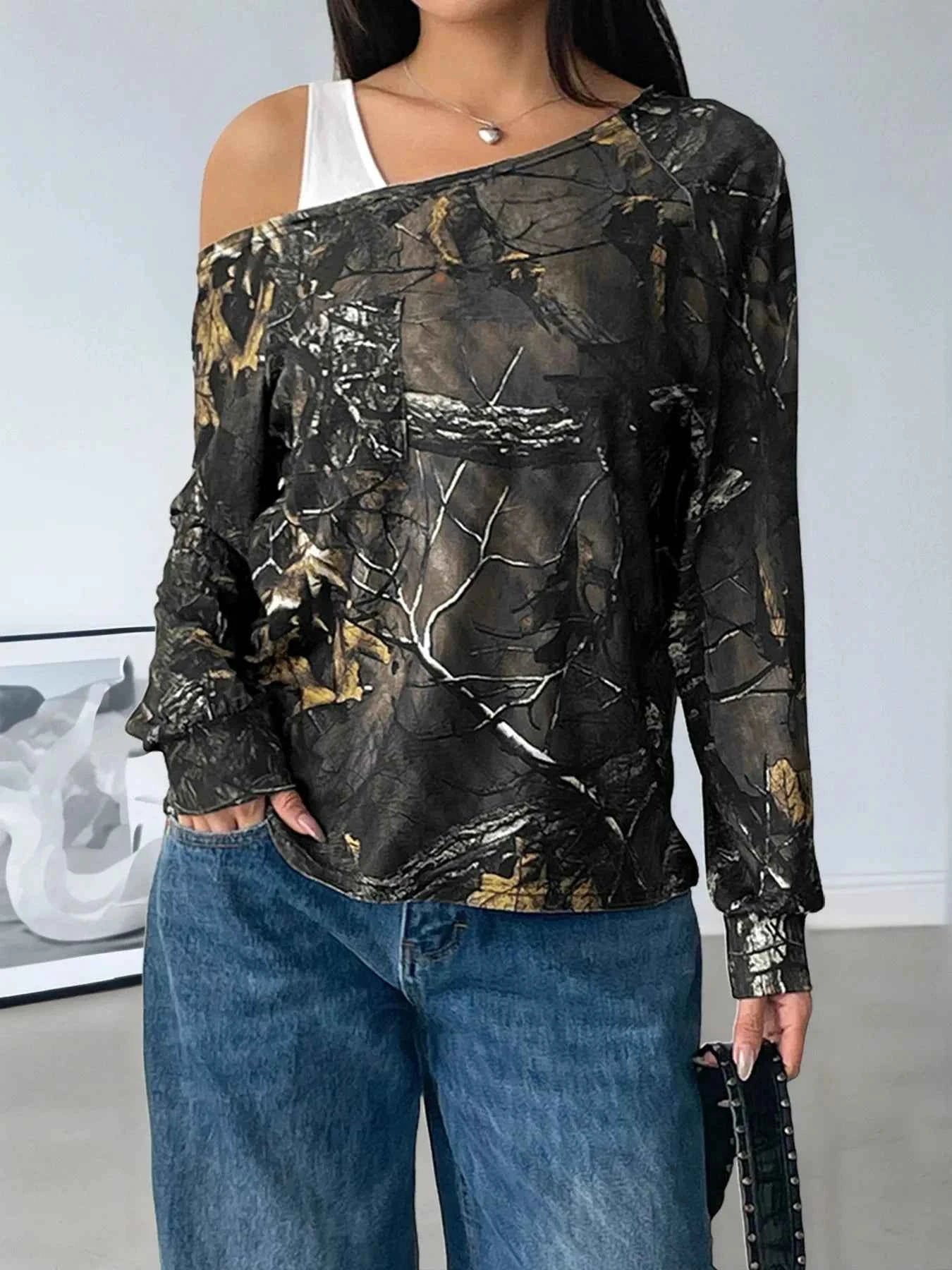 Asymmetrical Neck Printed Long Sleeve Top
