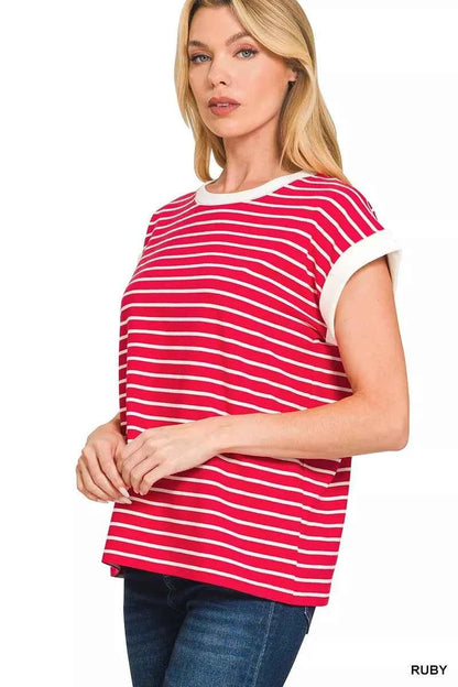 Zenana Full Size Contrast Trim Cap Sleeve Stripe Tee Plus Size