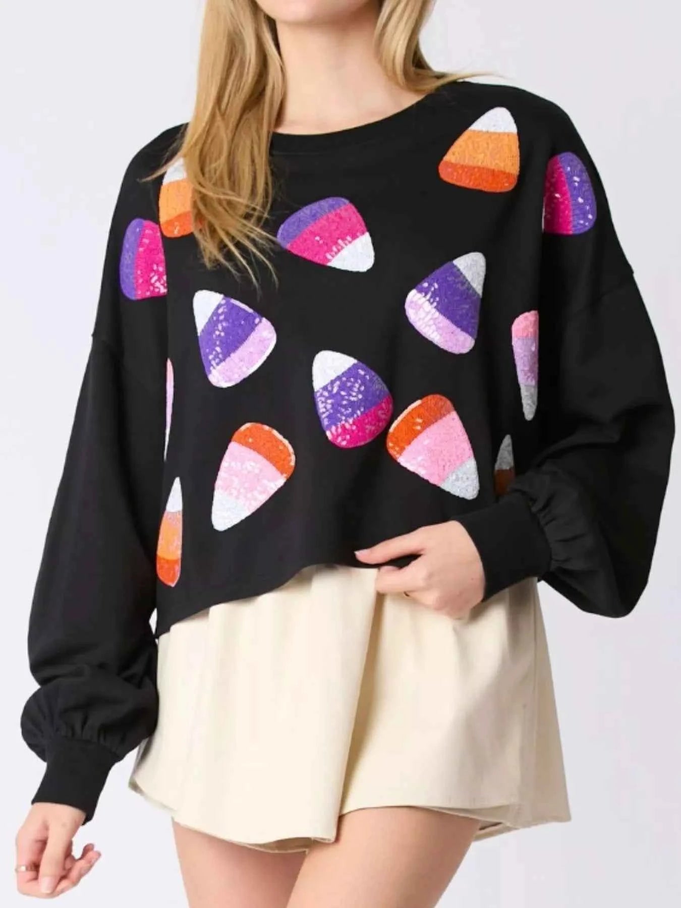 Halloween Candy Sequin Long-Sleeve Sweatshirt