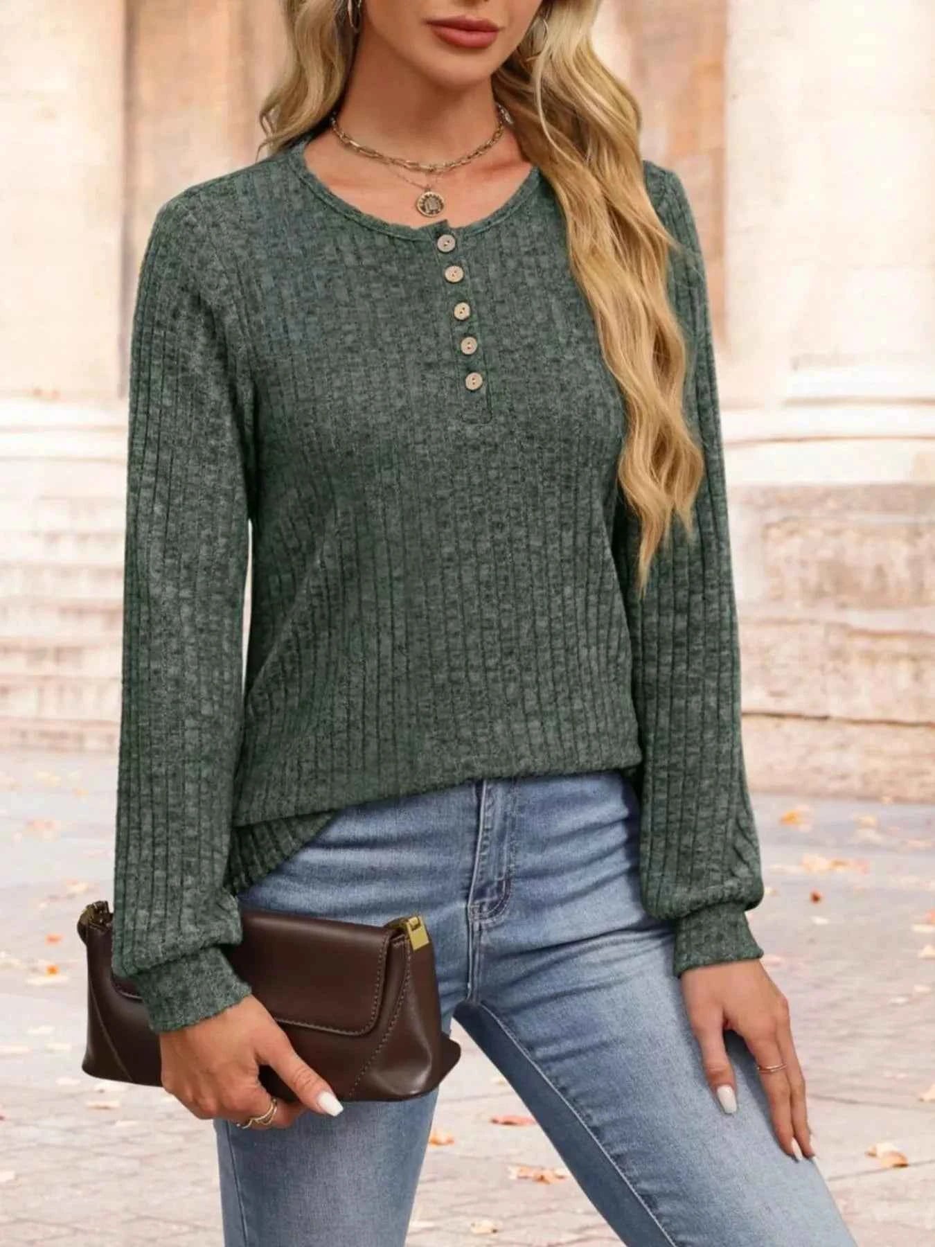Ribbed Knit Button-Front Long Sleeve T-Shirt