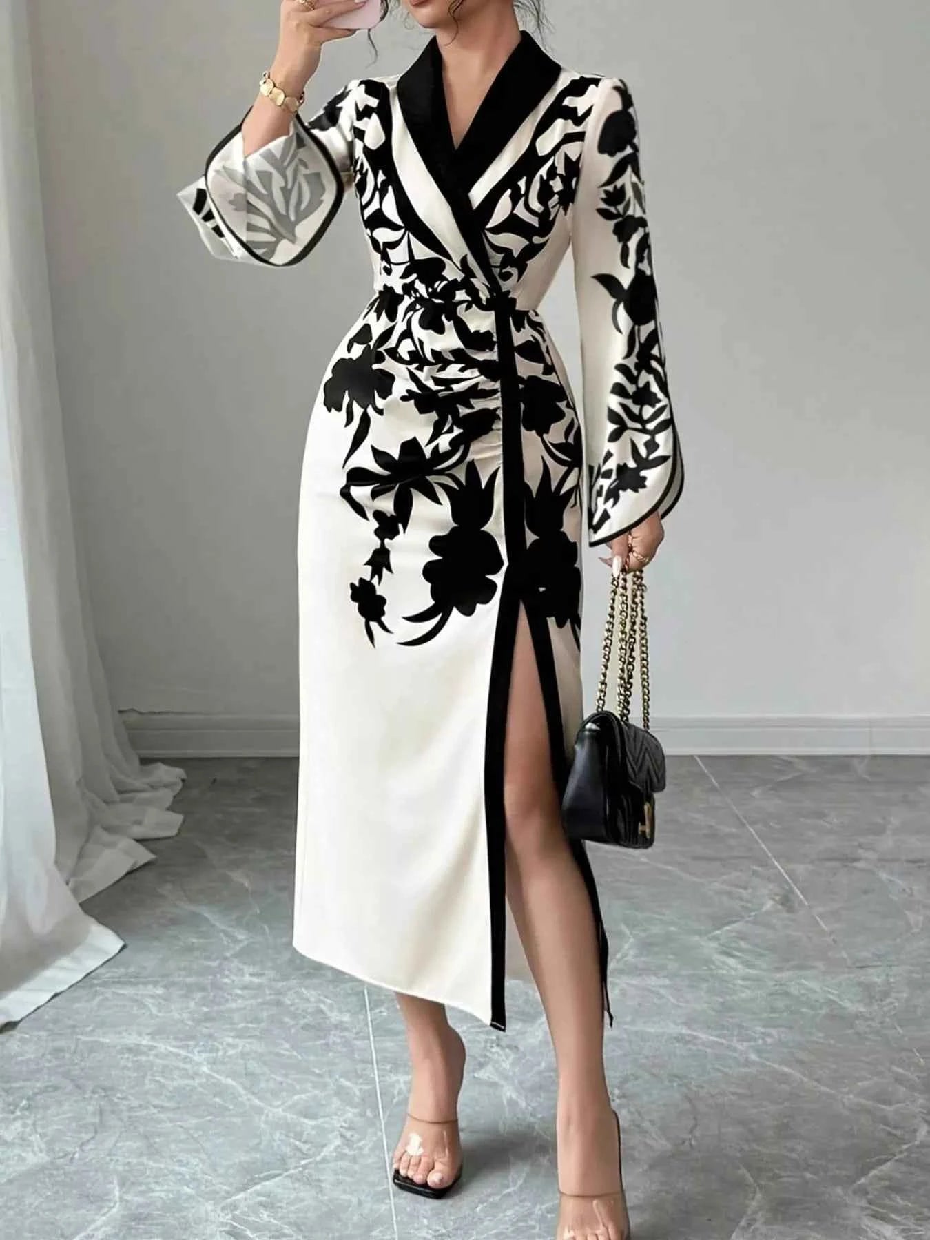 Slit Long Sleeve Wrap Midi Dress