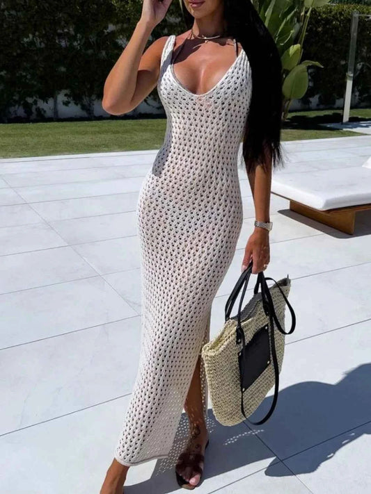 Openwork Slit Sweater Maxi Dress