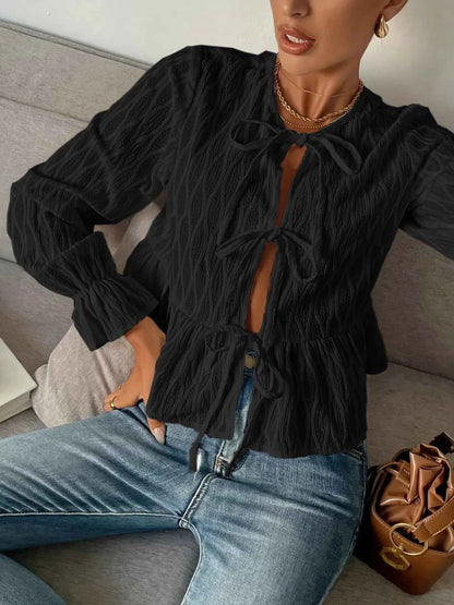 Tie Front Flounce Sleeve Blouse