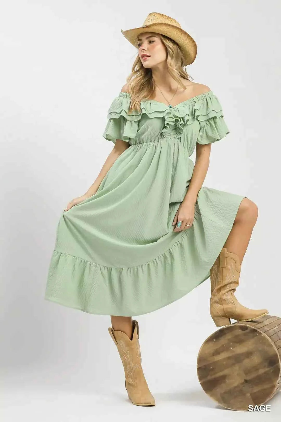 Umgee Textured Ruffle Midi Dress