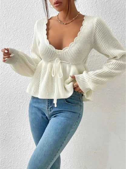 Scalloped V-Neck Drawstring Knit Top