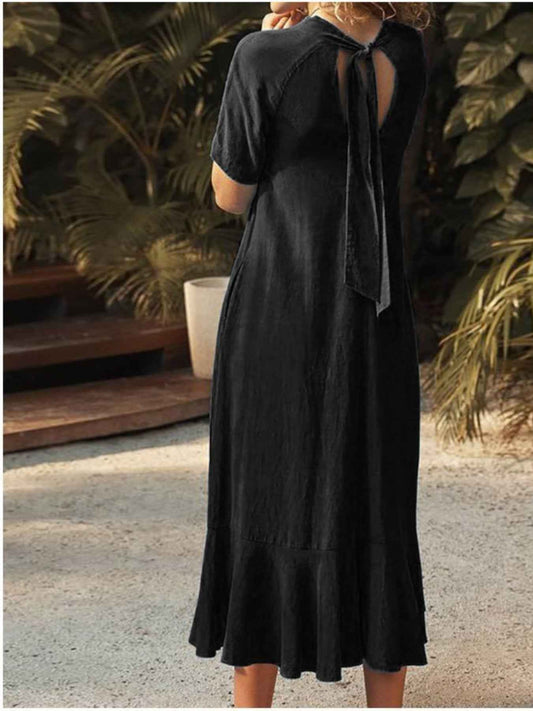 V-Neck Short Sleeve Dress with Pockets