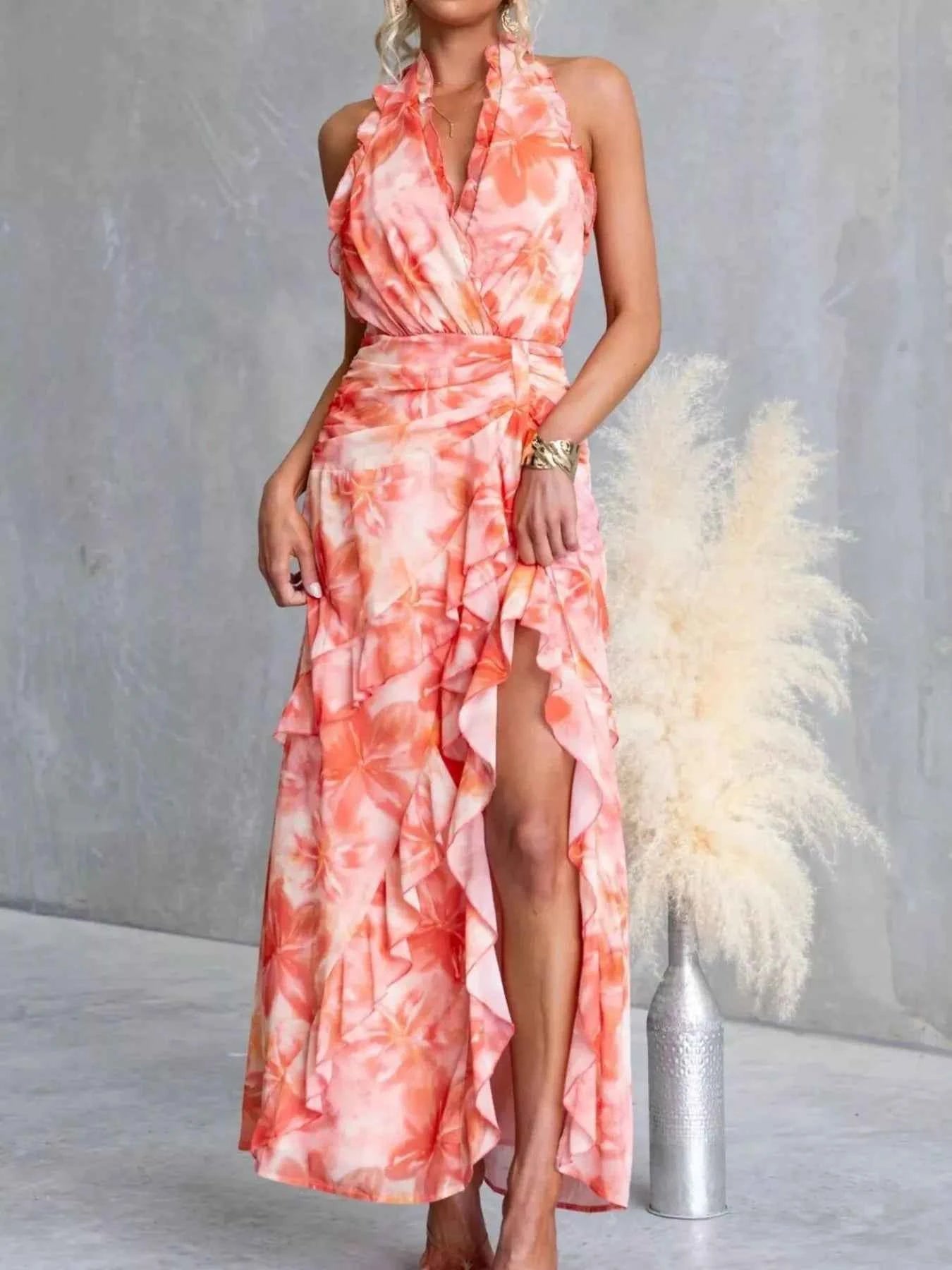 Floral Print Ruffle Halter Neck Maxi Dress