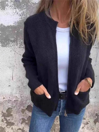 Full Size Zip Up Ribbed Knit Cardigan with Front Pockets Plus Size