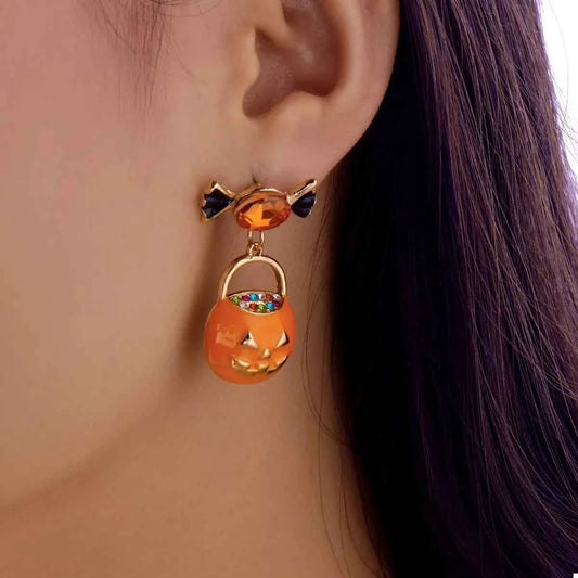 Halloween Rhinestone Pumpkin Dangle Earrings