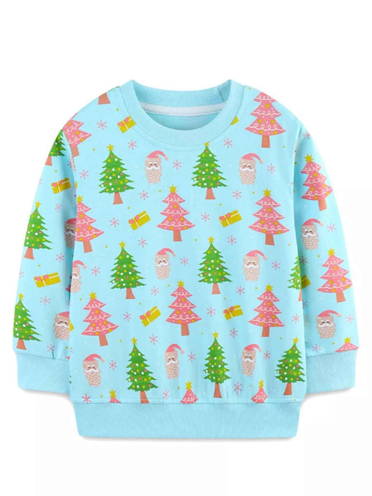 Children's Christmas Tree & Santa Print Crew Neck Sweatshirt