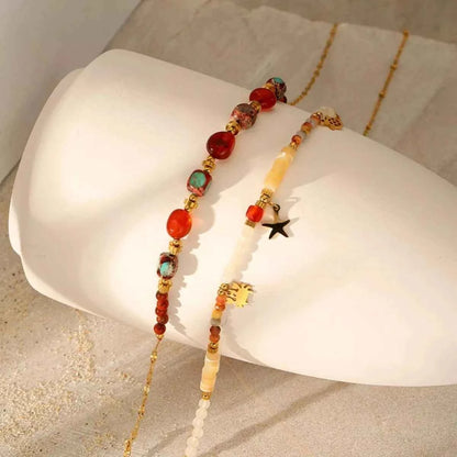 2 Piece 18K Gold-Plated Natural Stone Bead Necklace