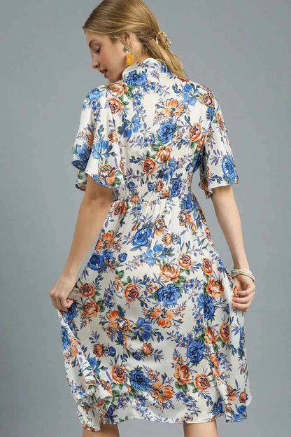 Umgee Floral Print Flutter Sleeve Dress