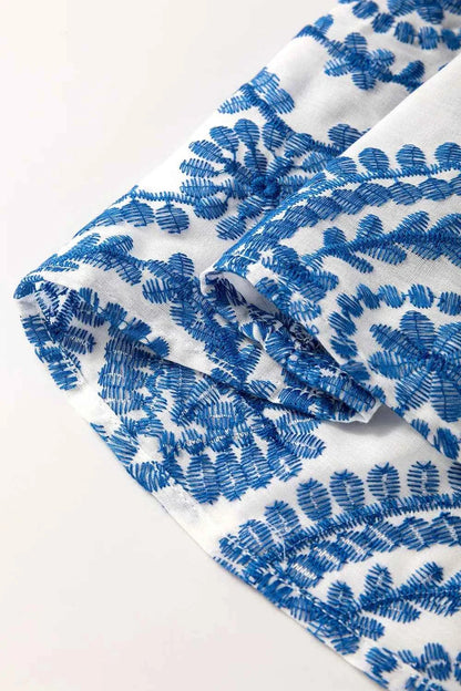 Boho Print Ruffled Cap Sleeve Crew Neck Blouse