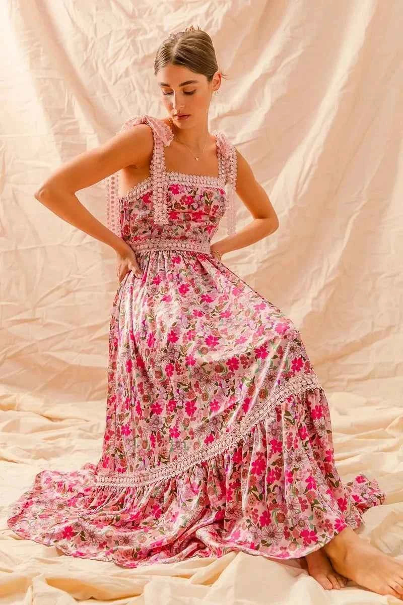 SO ME Floral Maxi Dress With Ribbon Tie Lace Strap