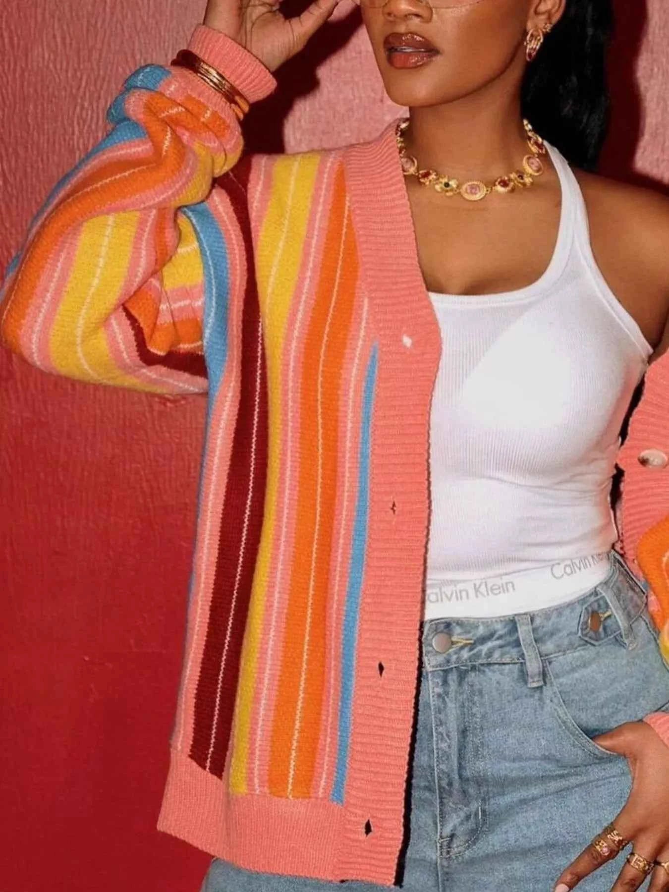 Striped Knit Button Up Cardigan