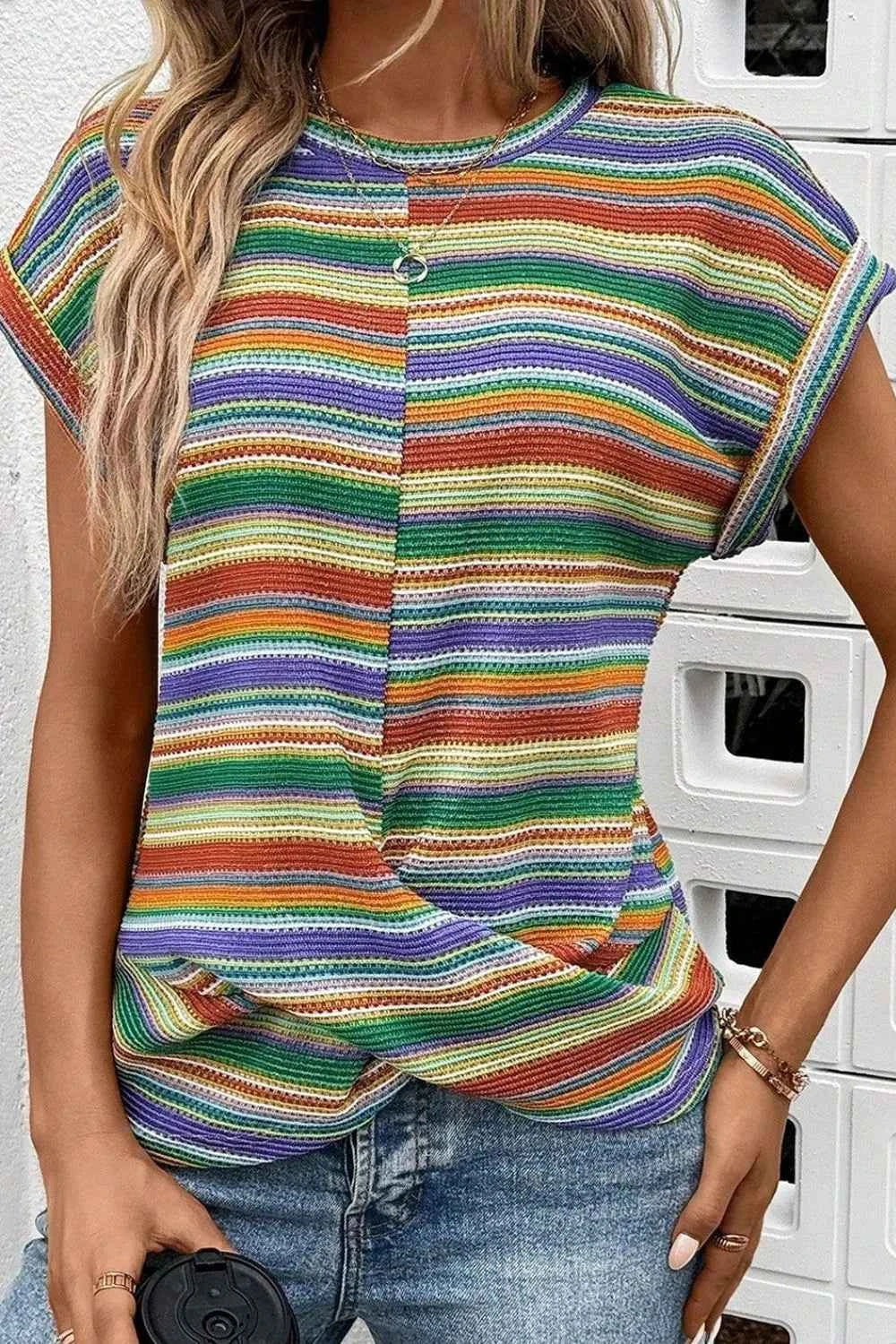 Multicolour Striped Twist Hem Cap Sleeve Top